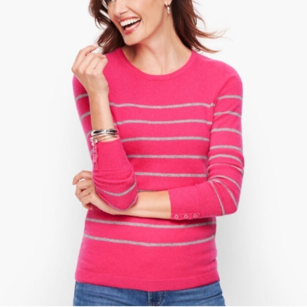 Talbots Pink Gray Cashmere Sweater Striped Crewneck Button Large Barbiecore